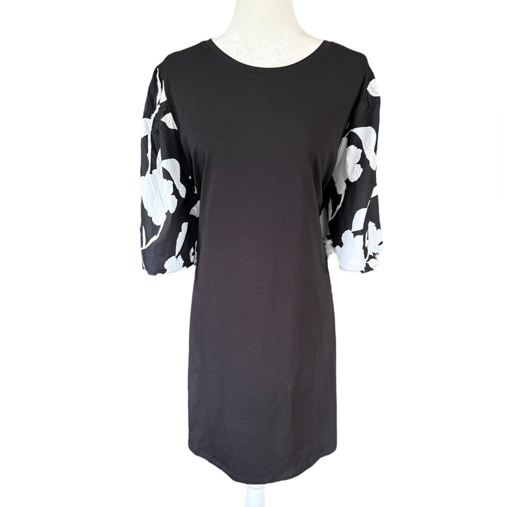 Chico's NEW Short Black Dress with White Floral Bell Sleeve Sz 4‎ XXL 20/22